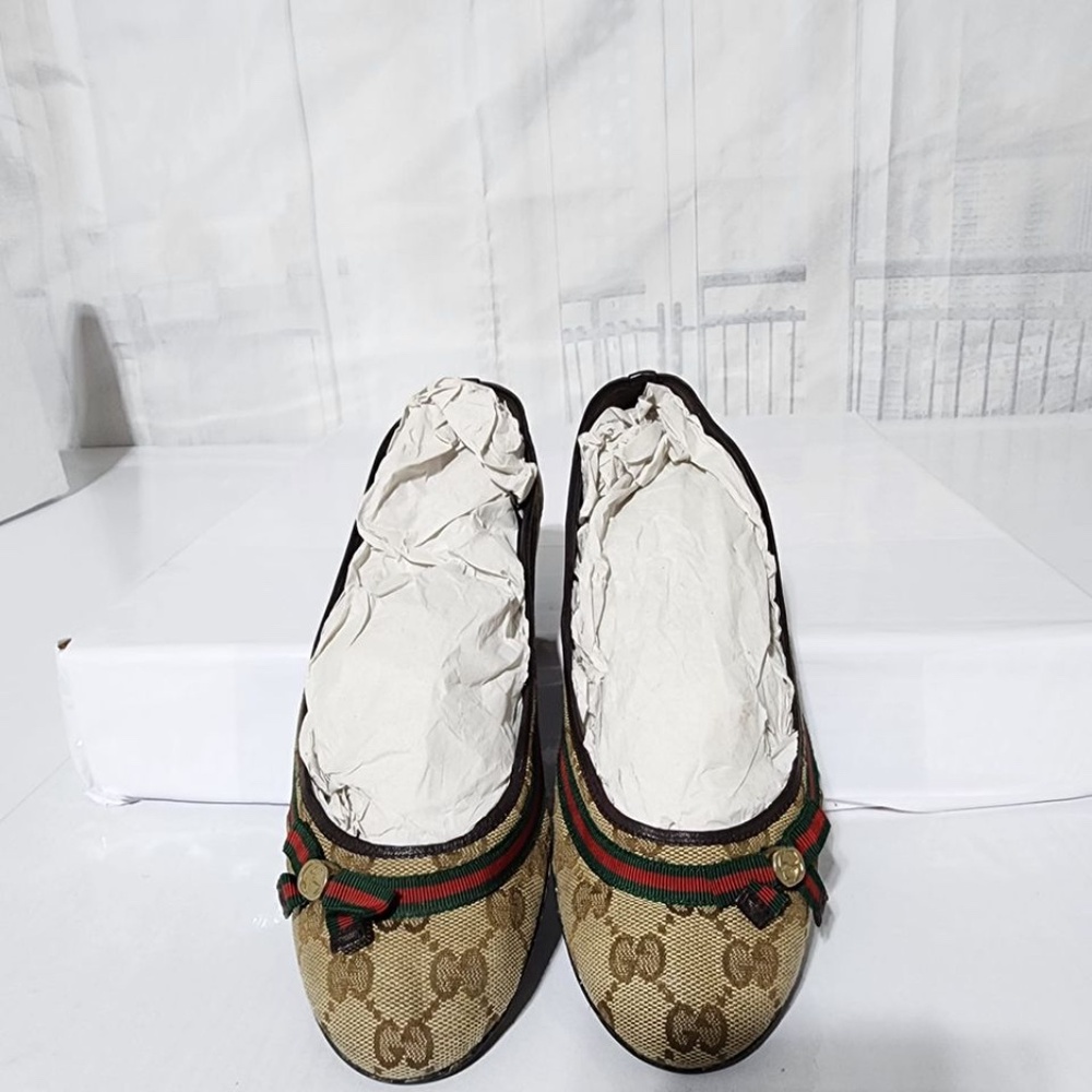 Authentic Gucci GG Canvas Web Bow Ballet Flats Beige/Brown Size 36.5